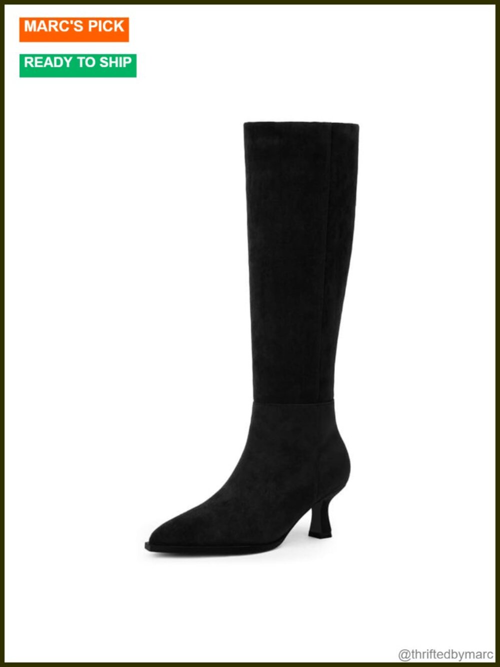 Kitten Heel Knee High Boots Pointed Toe Faux Suede Side Zip